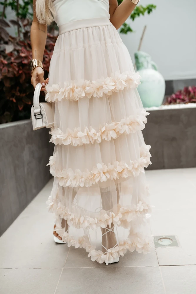 SPÓDNICA MAXI TIULOWA ROXETTE BEŻOWA