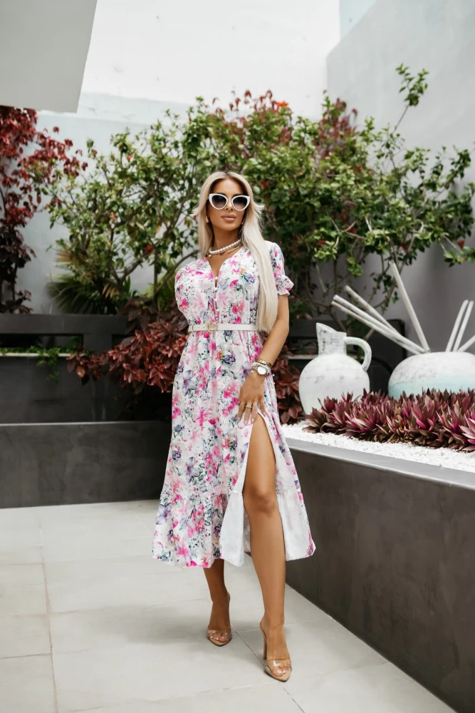 SUKIENKA MIDI VERONICA W KWIATY ECRU-RÓŻOWA