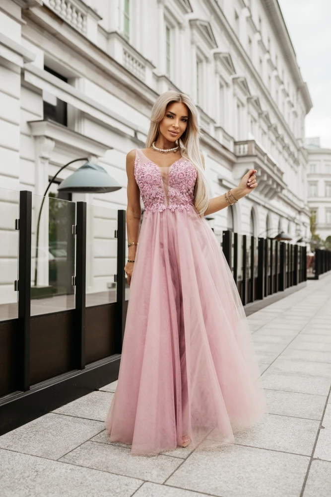 SUKIENKA VICTORIA TIULOWA MAXI Z OZDOBNYM GORSETEM BRUDNY RÓŻ