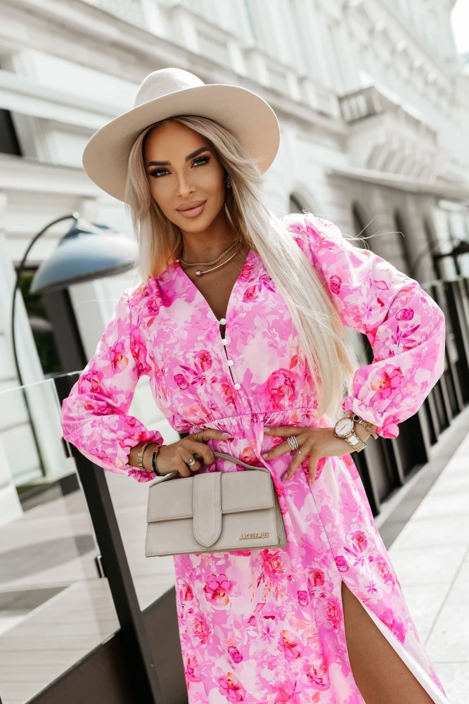 SUKIENKA MIDI AFRODYTA Z ROZCIĘCIEM NA NODZE W KWIATY RÓŻOWO-MALINOWA