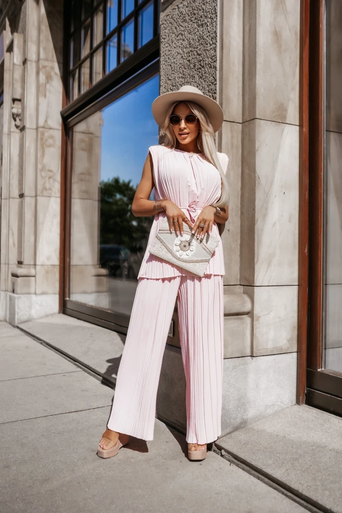 KOMPLET PLISOWANY BELLA BLUZKA Z PASKIEM + SPODNIE PUDROWY RÓŻ