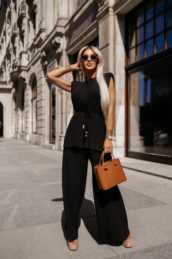 KOMPLET PLISOWANY BELLA BLUZKA Z PASKIEM + SPODNIE CZARNY