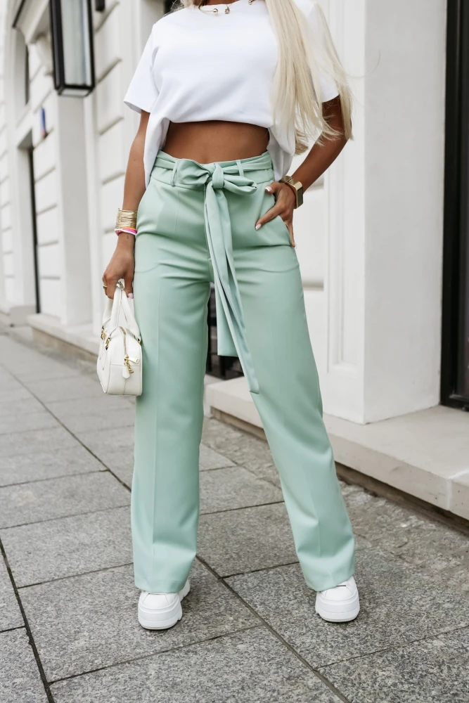 SPODNIE ELEGANCKIE MARILYN Z WYSOKIM STANEM WIĄZANE W PASIE JASNE PISTACJOWE