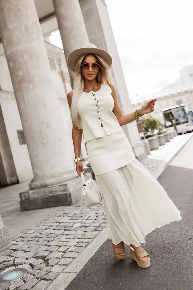 KOMPLET DZIANINOWY VANESSA KAMIZELKA + SPÓDNICA MAXI BEŻOWY