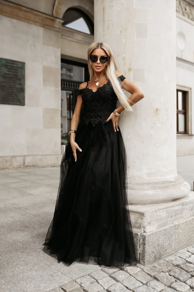 SUKIENKA ATRIUM TIULOWA MAXI Z KORONKOWYM GORSETEM CZARNA