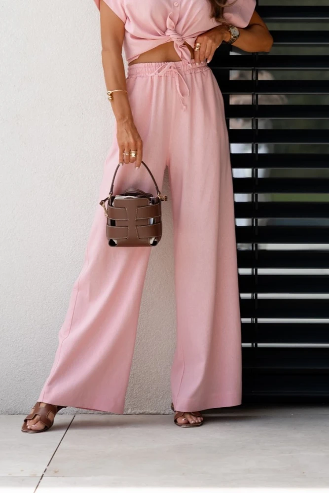 SPODNIE MATERIAŁOWE Z LNEM SUNNY BRUDNY RÓŻ