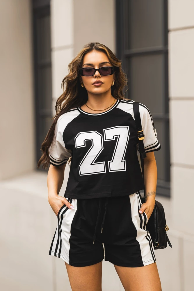 KOMPLET NEW YORK DRESOWY BAWEŁNIANY T-SHIRT + SPODENKI CZARNO-BIAŁY