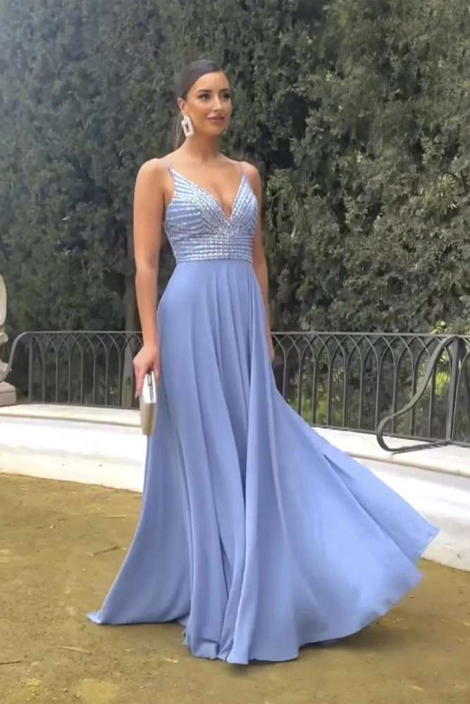 SUKIENKA MAXI LIDIA NA RAMIĄCZKACH Z OZDOBNYM GORSETEM NIEBIESKA