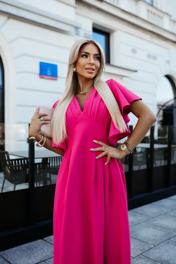 SUKIENKA MIDI MARIAH Z MOTYLKOWYMI RĘKAWAMI MALINOWA