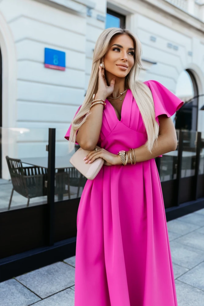 SUKIENKA MIDI MARIAH Z MOTYLKOWYMI RĘKAWAMI FUKSJA