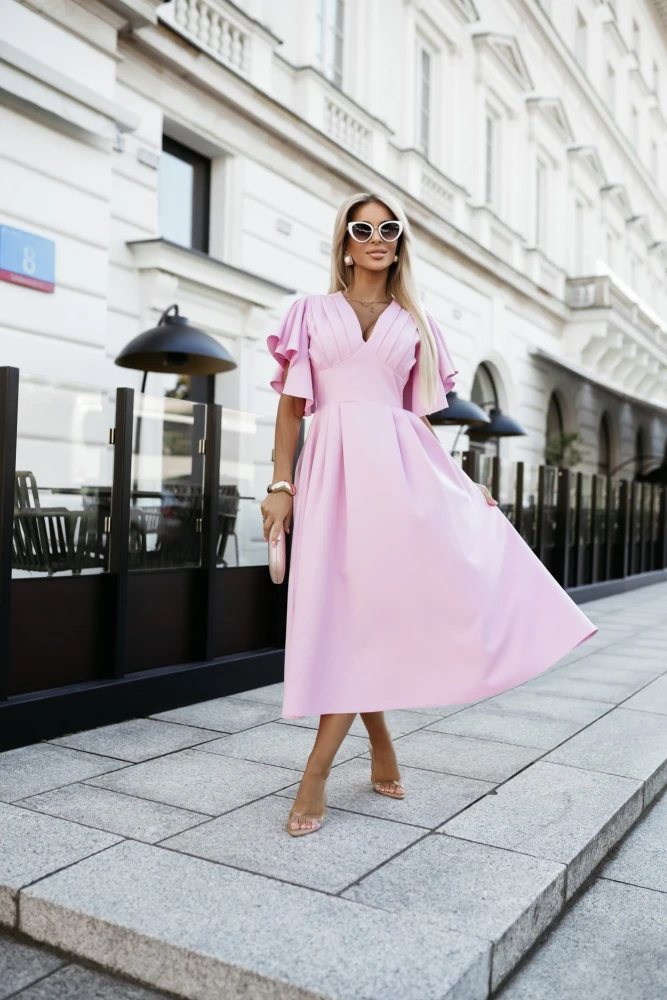 SUKIENKA MIDI MARIAH Z MOTYLKOWYMI RĘKAWAMI PUDROWY RÓŻ