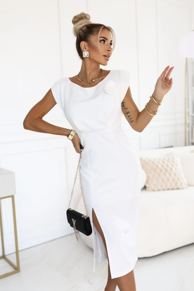 SUKIENKA OŁÓWKOWA Z ROZCIĘCIEM MIDI Z ODPINANĄ BROSZKĄ RÓŻA BIAŁA