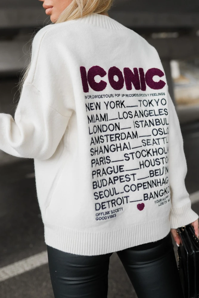 KARDIGAN ROZPINANY Z BARANKOWYM NAPISEM ICONIC BEŻOWY