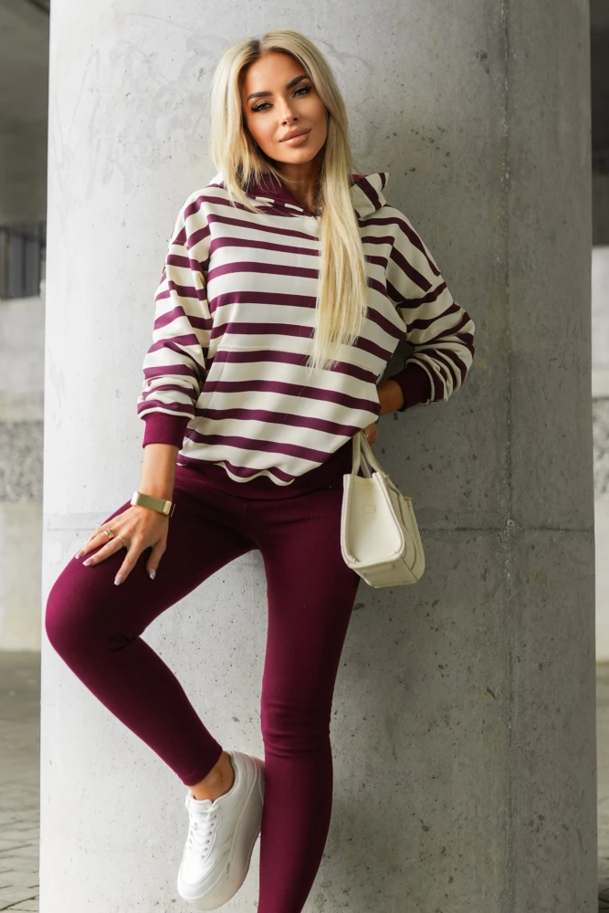 BLUZA BAWEŁNIANA Z KAPTUREM W PASY BURGUNDOWO-BEŻOWE