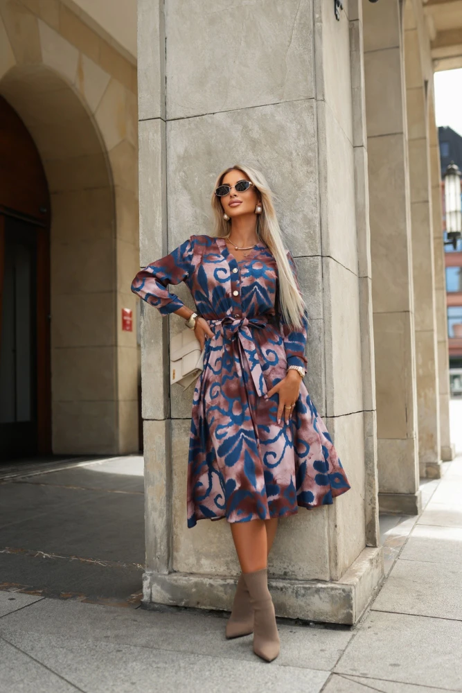 SUKIENKA FRAPPE Z RĘKAWEM WZORY BRĄZOWO-TURKUSOWA