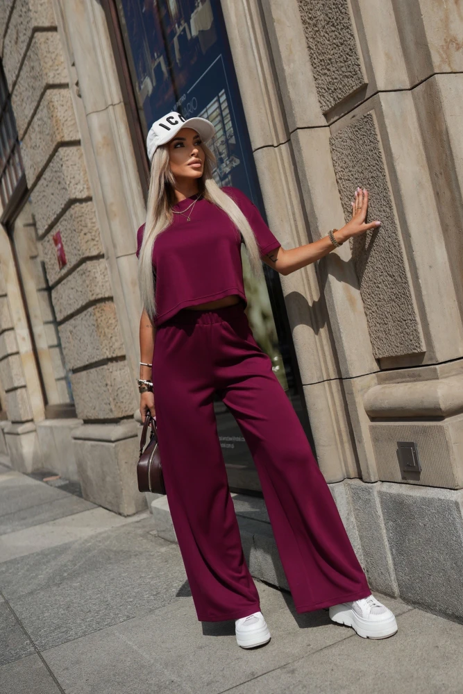 KOMPLET DRESOWY LOLA BLUZKA + SPODNIE Z WYSOKIM STANEM BURGUNDOWY