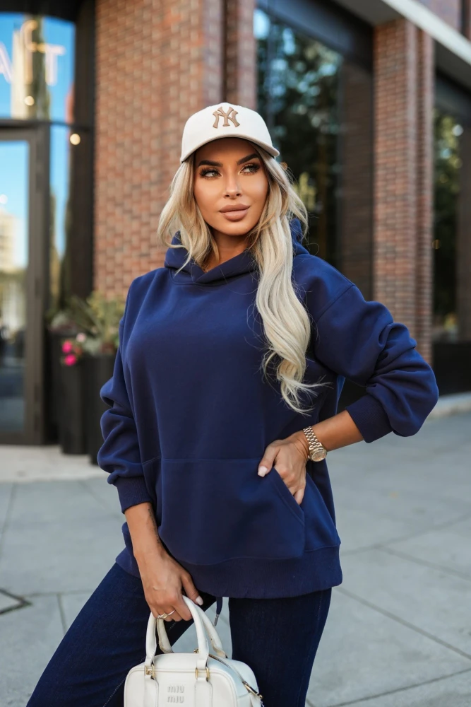 BLUZA DRESOWA BAWEŁNIANA KANGURKA Z KAPTUREM GRANATOWA