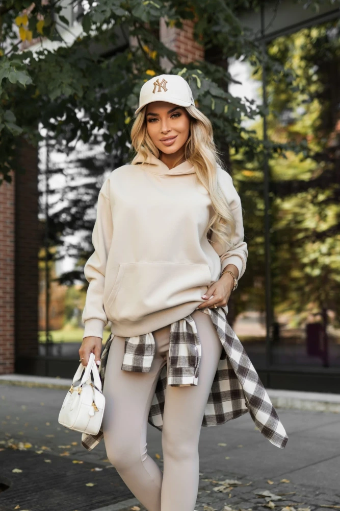 BLUZA DRESOWA BAWEŁNIANA KANGURKA Z KAPTUREM BEŻOWA