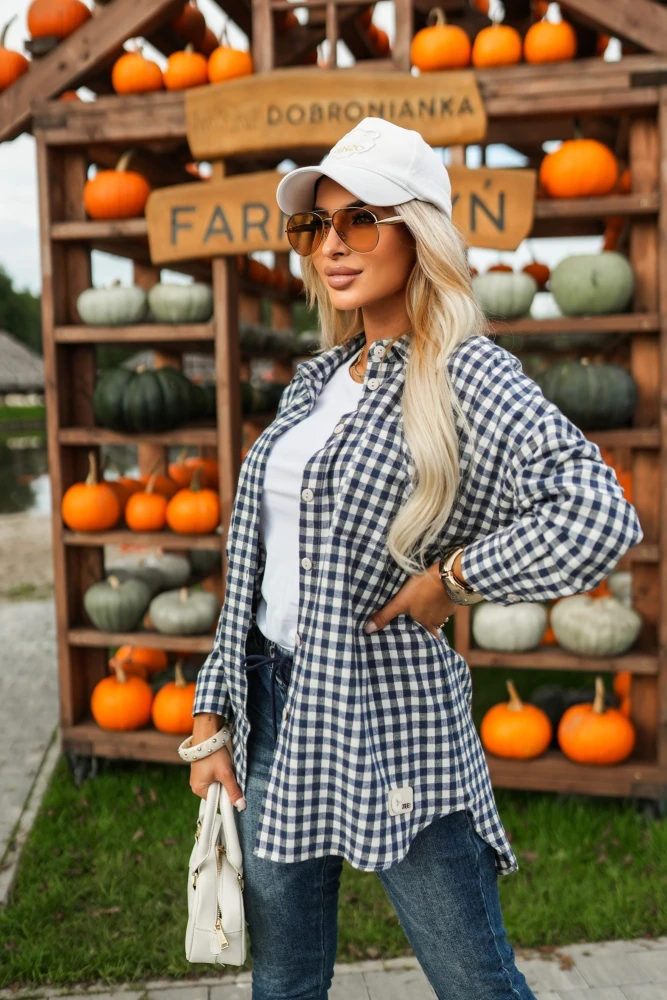 KOSZULA BAWEŁNIANA Z NASZYWKAMI W KRATĘ NIEBIESKO-BIAŁA