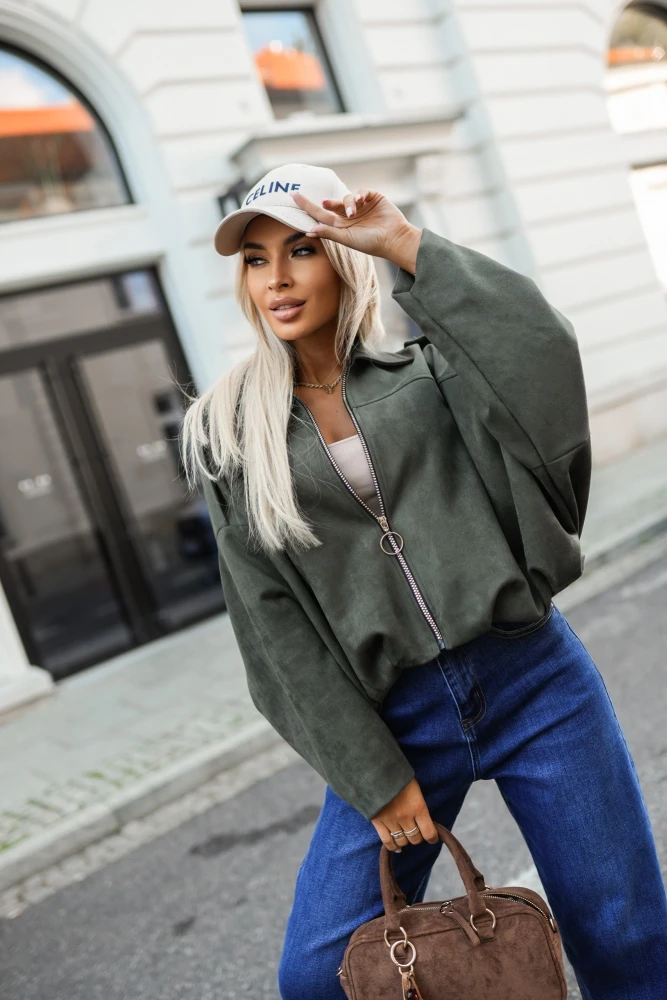 KURTKA ZAMSZOWA BOMBERKA O KROJU NIETOPERZ KHAKI