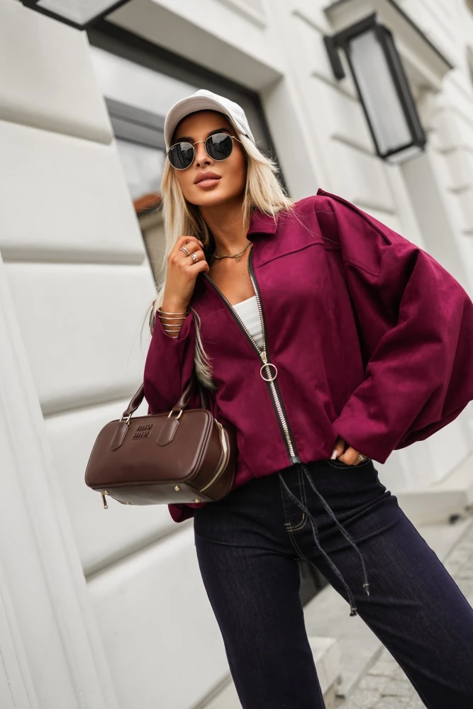 KURTKA ZAMSZOWA BOMBERKA O KROJU NIETOPERZ BURGUNDOWA