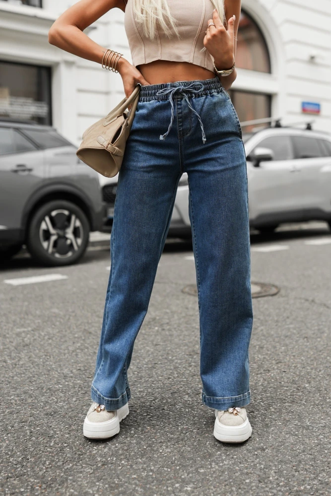 SPODNIE JEANSOWE WIDE LEG Z WYSOKIM STANEM WIĄZANE W PASIE NIEBIESKIE