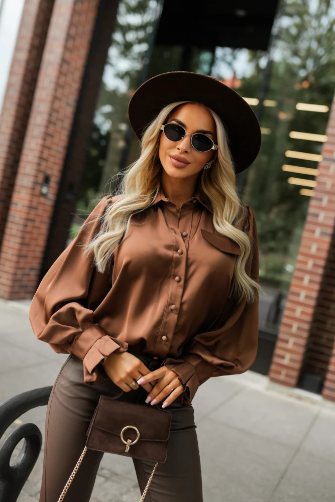 KOSZULA SATYNOWA ELEGANCKA Z KOŁNIERZYKIEM I OZDOBNYMI GUZIKAMI MIEDZIANA