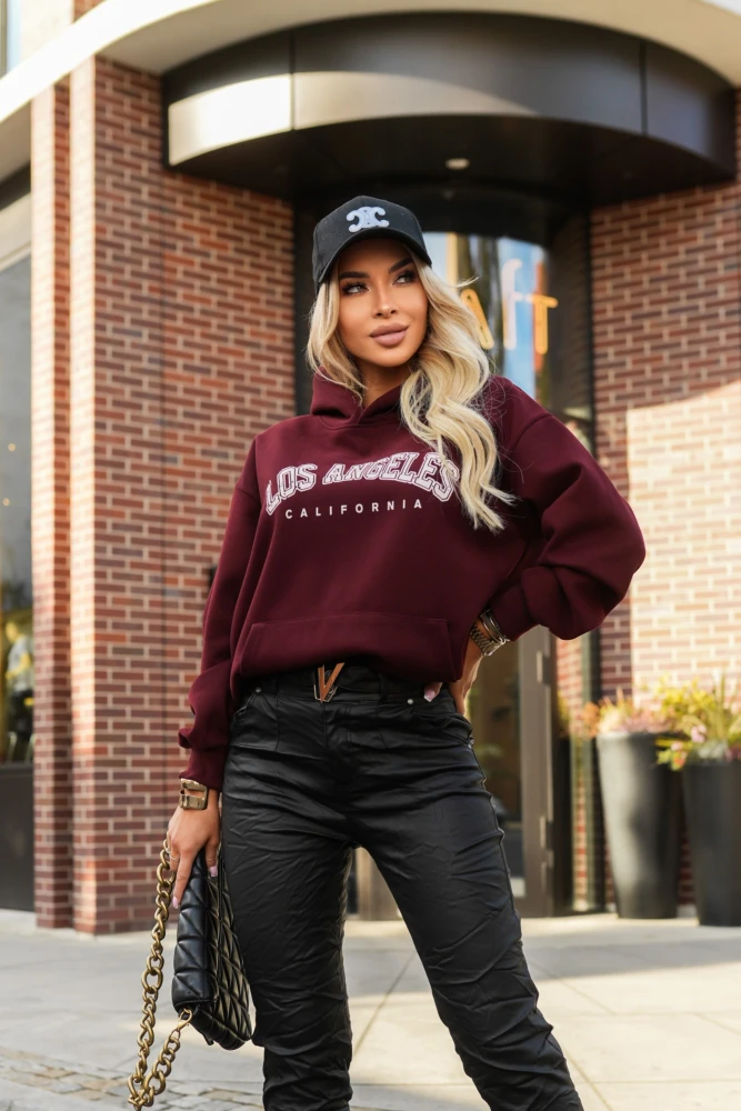 BLUZA DRESOWA Z KAPTUREM LOS ANGELES CALIFORNIA BURGUNDOWA