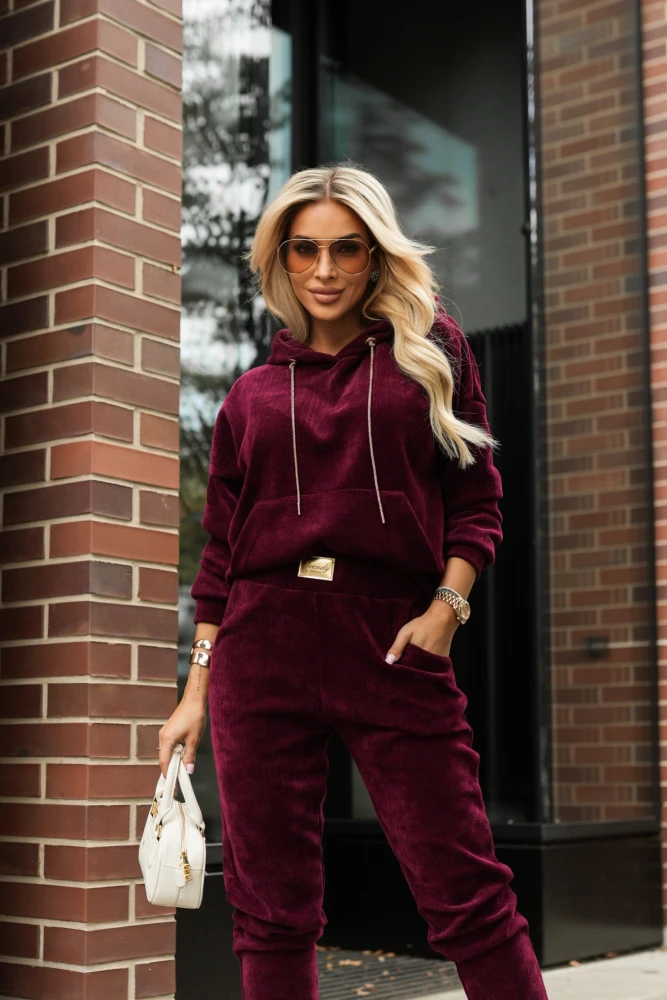 BLUZA DRESOWA Z KAPTUREM TIAGO Z WARKOCZOWYM SPLOTEM BURGUNDOWA