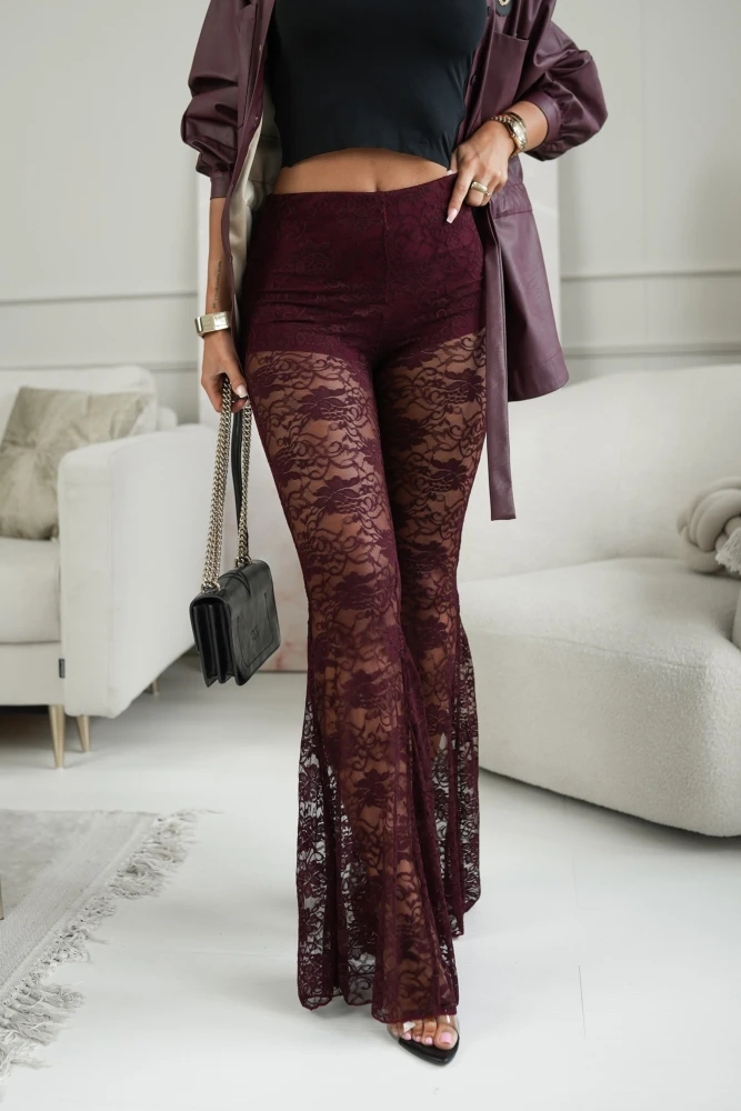 SPODNIE KORONKOWE DZWONY BURGUDNOWE