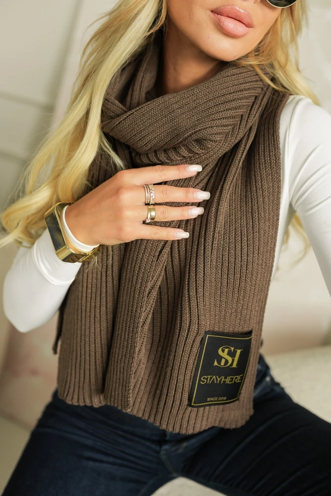 SZAL DŁUGI Z WEŁNĄ CZEKOLADOWY