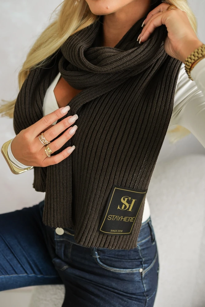 SZAL DŁUGI Z WEŁNĄ CZEKOLADOWY