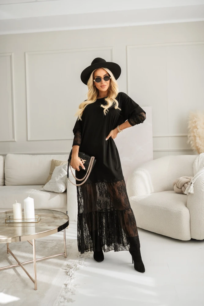 SUKIENKA BAWEŁNIANA MAXI ZE WSTAWKAMI Z KORONKI CZARNA