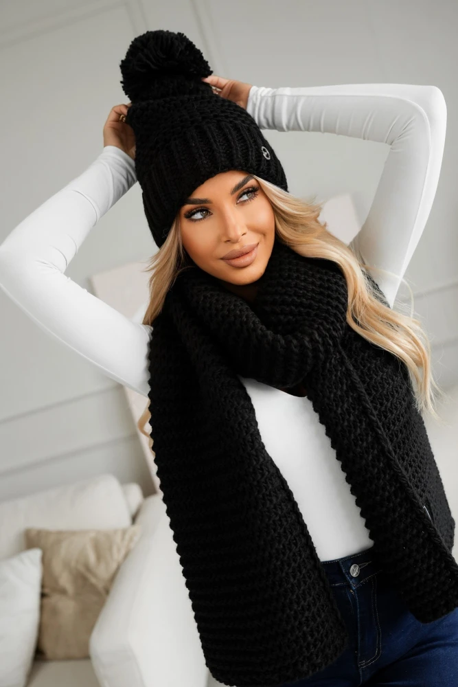 KOMPLET DZIANINOWY Z WEŁNĄ CZAPKA Z POMPONEM + DŁUGI SZAL CZARNY