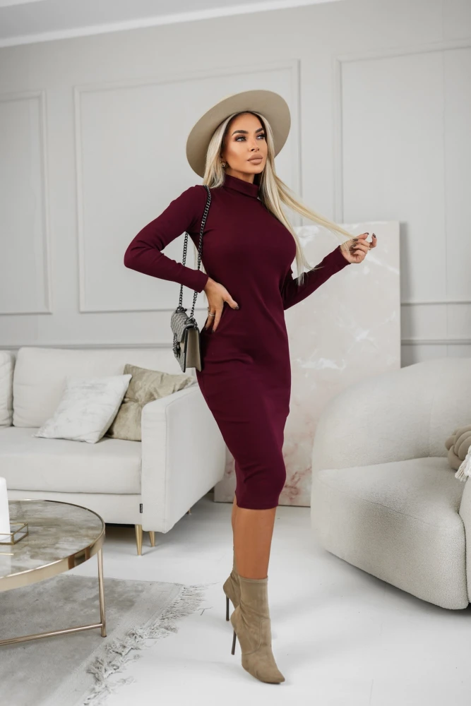 SUKIENKA BAWEŁNIANA BASIC Z PRĄŻKOWANEGO MATERIAŁU Z GOLFEM BURGUNDOWA