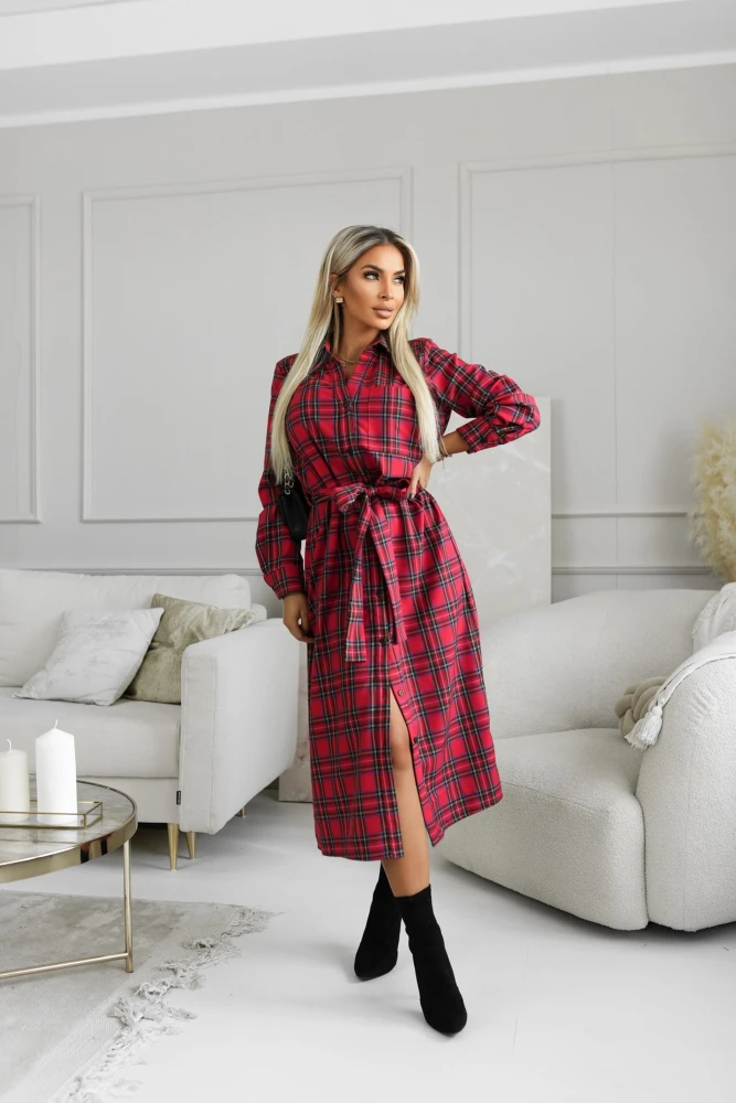 SUKIENKA KOSZULOWA Z WISKOZY MAXI W KRATĘ CZERWONA