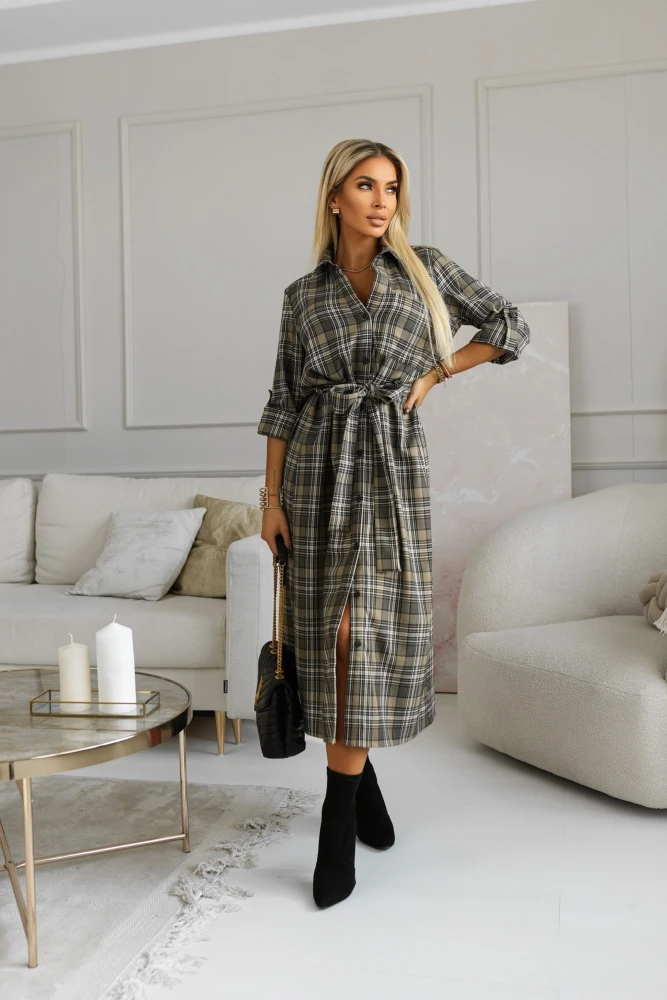 SUKIENKA KOSZULOWA Z WISKOZY MAXI W KRATĘ BEŻOWO-CZARNA