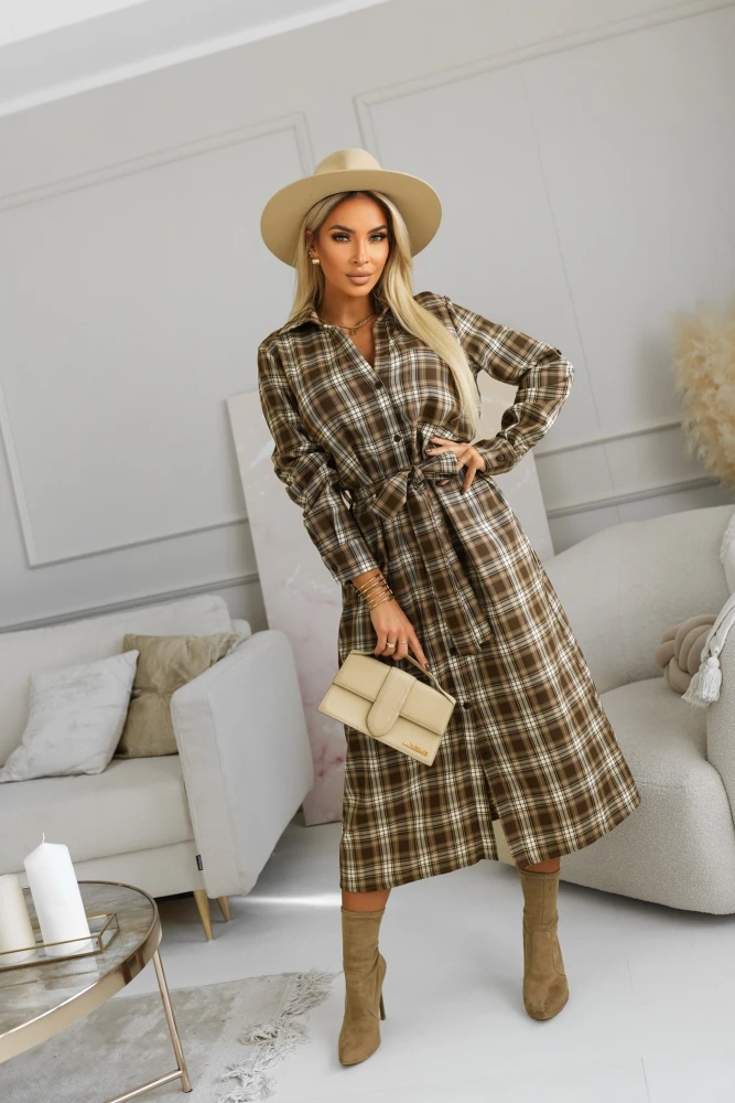 SUKIENKA KOSZULOWA Z WISKOZY MAXI W KRATĘ CZEKOLADOWO-BEŻOWA