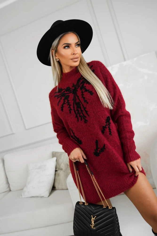 SUKIENKA SWETERKOWA TUNIKA W HAFTOWANE WZORY BURGUNDOWA