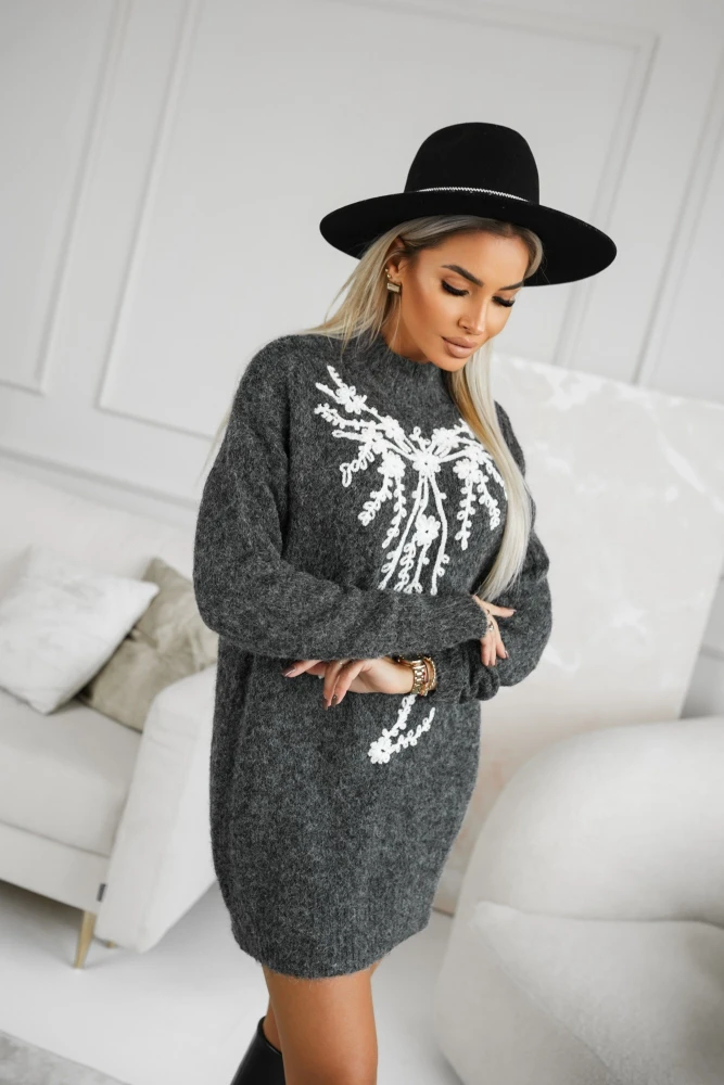 SUKIENKA SWETERKOWA TUNIKA W HAFTOWANE WZORY GRAFITOWA