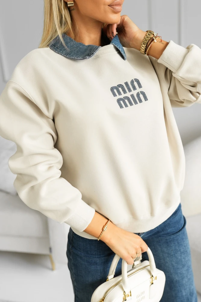 BLUZA BAWEŁNIANA MIN MIN Z JEANSOWYM KOŁNIERZYKIEM BEŻOWA