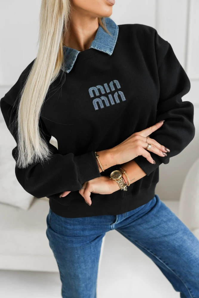 BLUZA BAWEŁNIANA MIN MIN Z JEANSOWYM KOŁNIERZYKIEM CZARNA