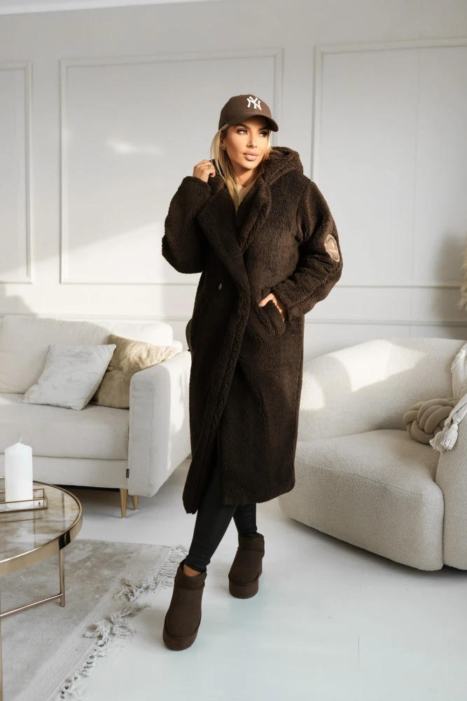 PŁASZCZ PLUSZOWY TEDDY Z KAPTUREM CZEKOLADOWY