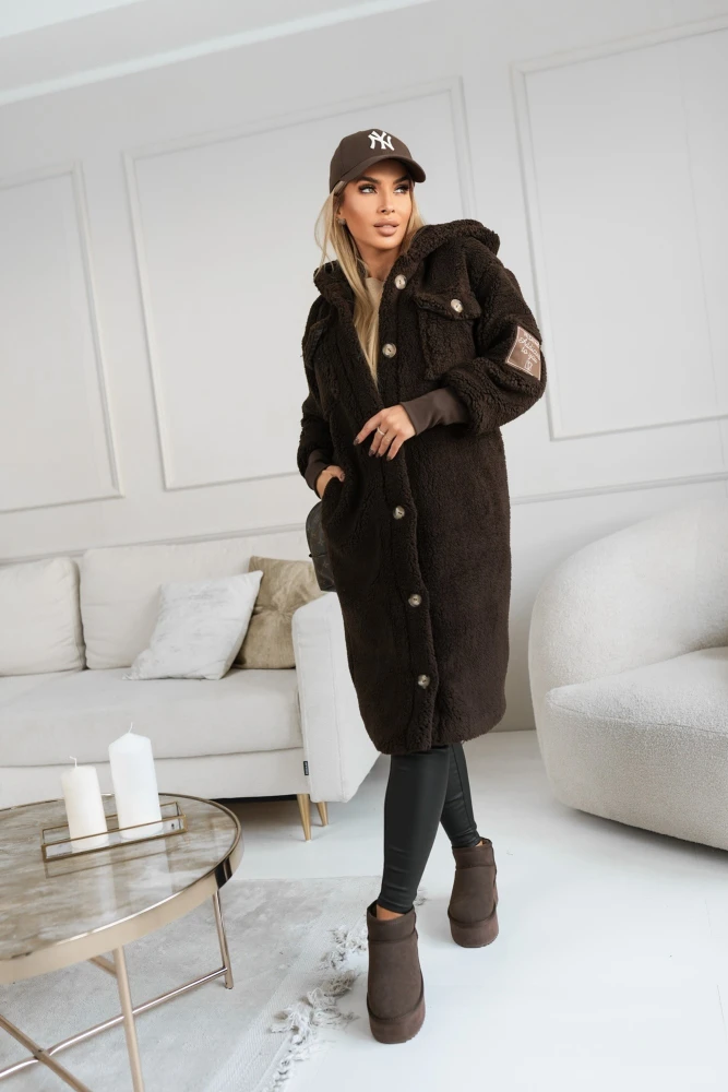 PŁASZCZ PLUSZOWY TEDDY Z KAPTUREM CZEKOLADOWY