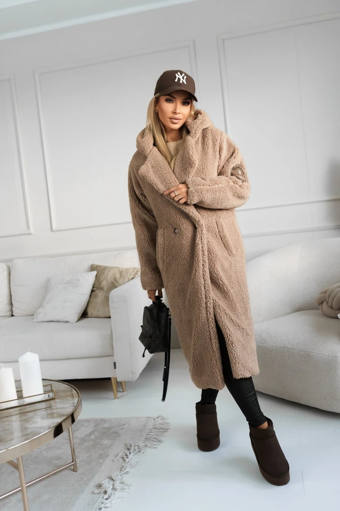 PŁASZCZ PLUSZOWY TEDDY Z KAPTUREM BEŻOWY