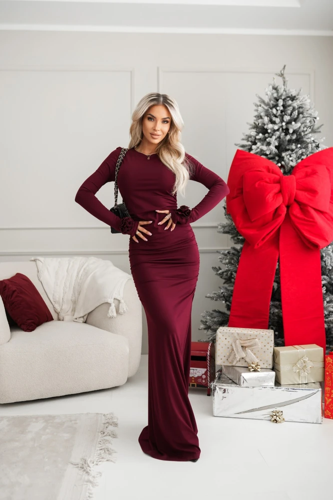 SUKIENKA VICTORIA MAXI Z RÓŻAMI NA MANKIETACH BURGUNDOWA