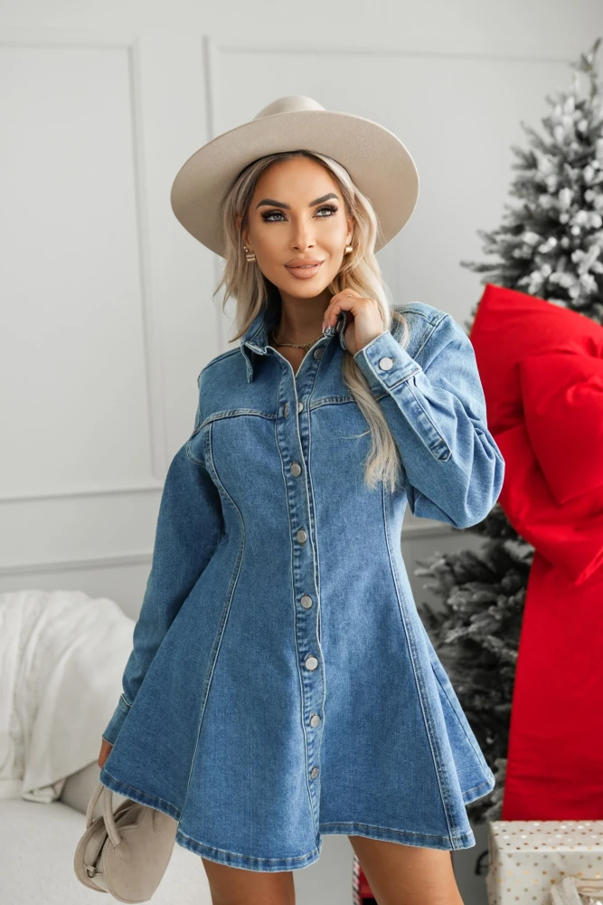 SUKIENKA JEANSOWA Z KOŁNIERZYKIEM MINI NIEBIESKI JEANS