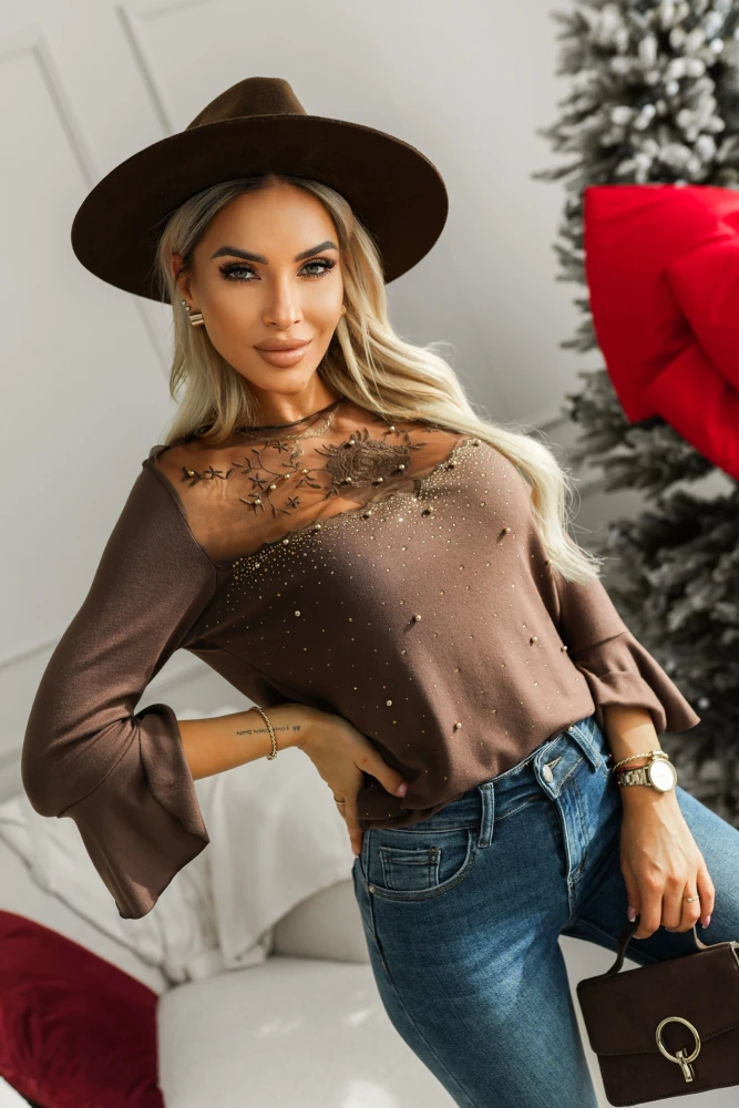 BLUZKA BAWEŁNIANA Z SIATECZKĄ I CYRKONIAMI I KORALIKAMI CZEKOLADOWA