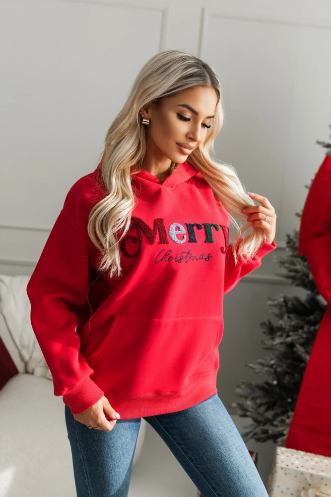 BLUZA BAWEŁNIANA Z KAPTUREM Z NAPISEM MERRY CHRISTMAS CZERWONA