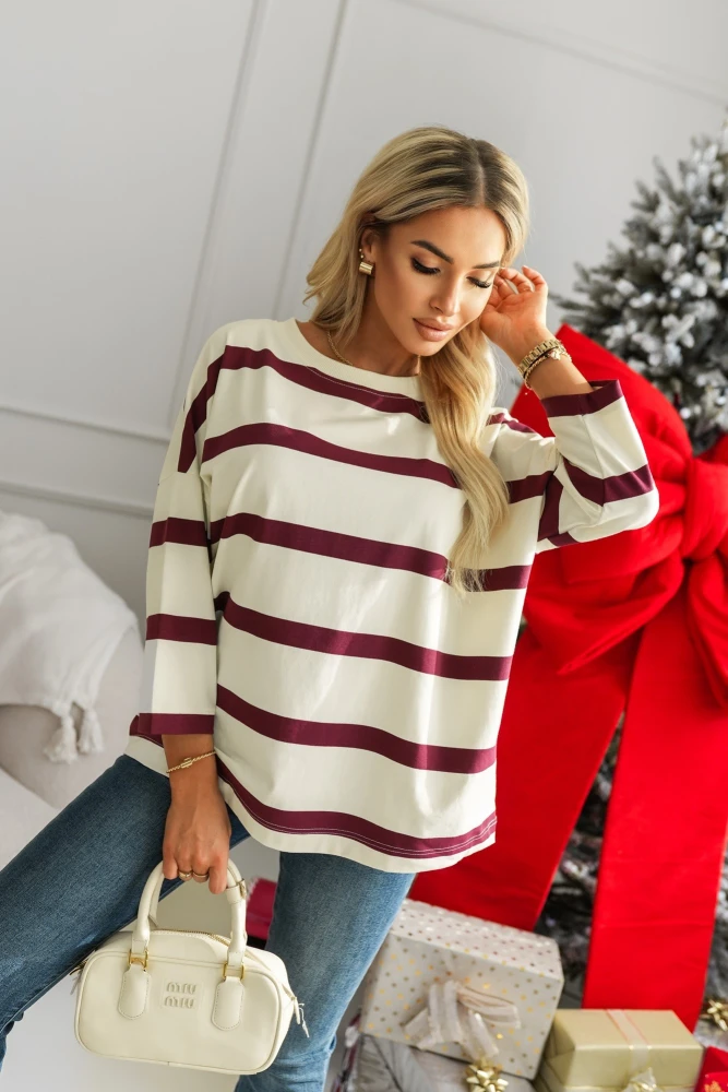 BLUZKA BAWEŁNIANA BASIC W PASKI BEŻOWO-BURGUNDOWE